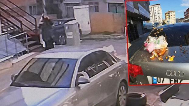 Avcılar’da 5’inci kattan atılan çöp poşeti otomobilin üzerine düştü