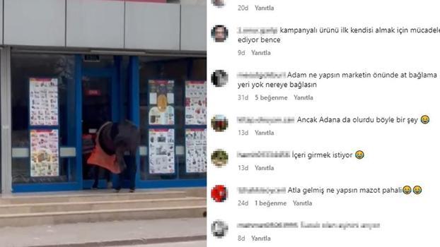 Atını marketin kapısına bağladı