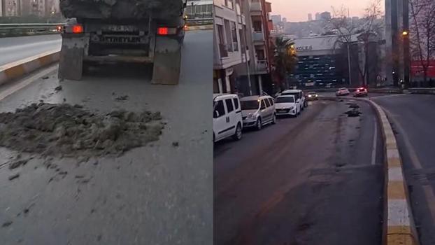 Kağıthane’de hafriyat kamyonu yola çamur dökerek ilerledi; motosikletli kaza atlattı