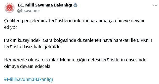 MSB: Irak'ın kuzeyinde 6 terörist etkisiz hale getirildi