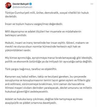 Bahçeli: Hukukun vereceği karara saygıyla yaklaşmak ortak sorumluluk olmalı