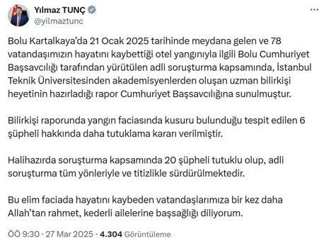 Kartalkaya otel yangınına ilişkin 6 kişiye daha tutuklama kararı