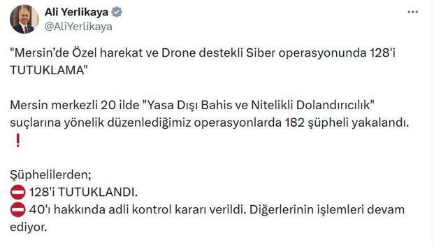 Mersin merkezli 20 ilde yasa dışı bahis operasyonu; 128 şüpheli tutuklandı