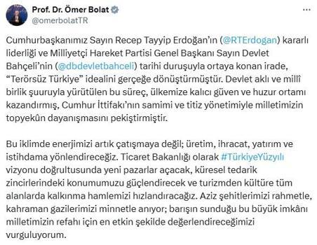 Bakan Bolat: Enerjimizi artık çatışmaya değil; üretim, ihracat, yatırım ve istihdama yönlendireceğiz