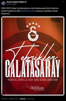 Cumhurbaşkanı Erdoğan'dan, Galatasaray'a şampiyonluk tebriği