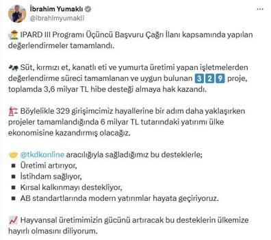 Bakan Yumaklı: 329 projeye 3,6 milyar TL hibe desteği sağlanacak