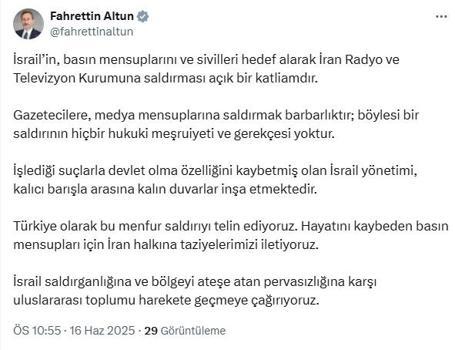Fahrettin Altun: İsrail'in İran Radyo ve Televizyon Kurumu'na saldırısı açık bir katliamdır