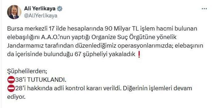 Bursa merkezli 17 ilde suç örgütü operasyonu; 38 tutuklama