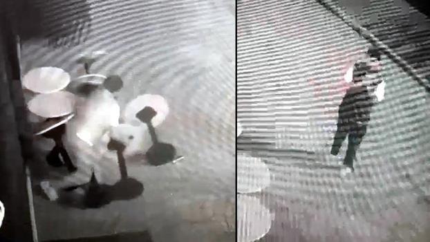 İşletmenin masalarını deviren alkollü kişi, güvenlik kameralarına dönüp özür diledi