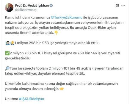 Bakan Işıkhan: 1 milyon 298 bin 953 işe yerleştirmeye aracılık ettik