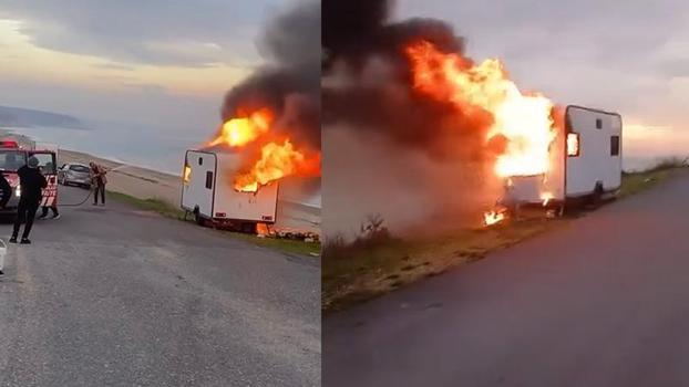 Çatalca'da park halindeki karavan alev alev yandı