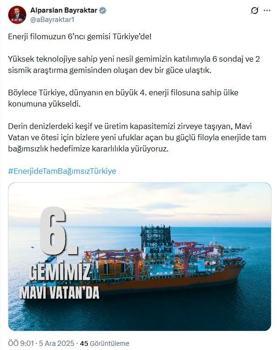 Bakan Bayraktar: Enerji filomuzun 6'ncı gemisi Türkiye'de