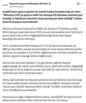 DMM’den Antalya Pil Fabrikası arazisinin devrinin siyasi gerekçeyle iptal edildiği iddiasına ilişkin açıklama