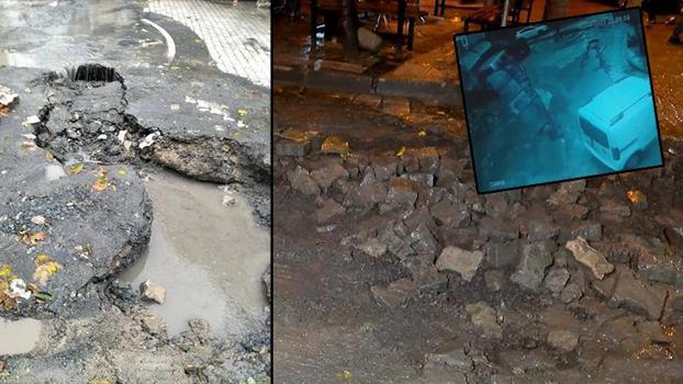 Küçükçekmece'de yağışın ardından çöken yola 2 kişi ve 2 hafif ticari araç düştü