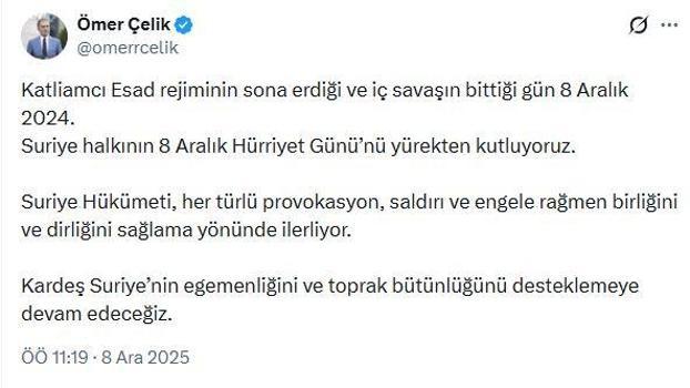 AK Parti'li Çelik: Suriye halkının 'Hürriyet Günü'nü yürekten kutluyoruz