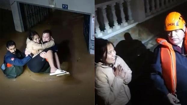 Sağanakta evinde mahsur kalan yabancı uyruklu kadını ekipler kurtardı