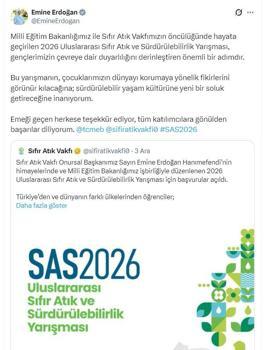 Emine Erdoğan'dan 'Sıfır Atık ve Sürdürülebilirlik Yarışması' paylaşımı