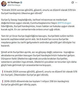 Bakan Yerlikaya: 8 Aralık 2024 sonrası 578 bin Suriyeli ülkesine geri döndü