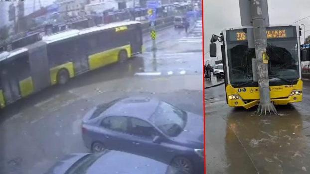 Sultangazi'de İETT otobüsü yola dökülen akaryakıt nedeniyle kayarak direğe çarptı