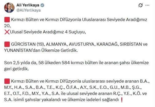 Kırmızı bülten, kırmızı difüzyon ve ulusal seviyede aranan 24 suçlu Türkiye'ye getirildi
