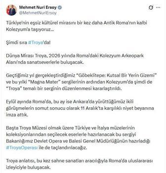 Bakan Ersoy: Dünya mirası Troya, Roma'da sanatseverlerle buluşacak