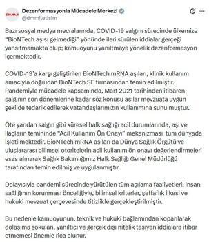 DMM: Salgın sürecinde ülkemize 'BioNTech aşısı gelmediği' iddiaları gerçeği yansıtmamaktadır