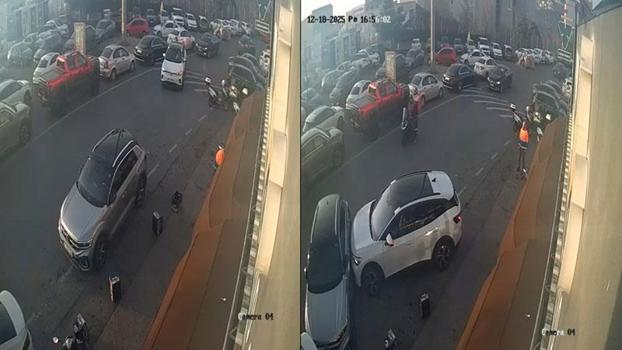 Maltepe'de sürücüsünün fren yerine gaza bastığı otomobil, başka araca çarptı; kaza kamerada