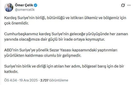 AK Parti'li Çelik: ABD'nin Suriye'ye yaptırımları kaldırması olumlu bir gelişmedir