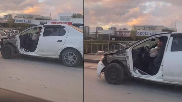 Başakşehir'de kapısı olmayan otomobille trafikte seyreden sürücü kamerada