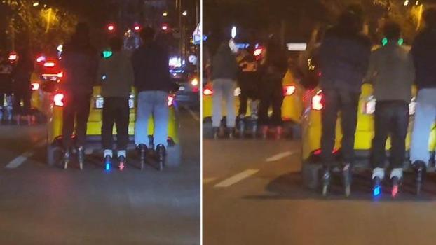 Kadıköy'de patenli 6 kişinin tehlikeli yolculuğu kamerada