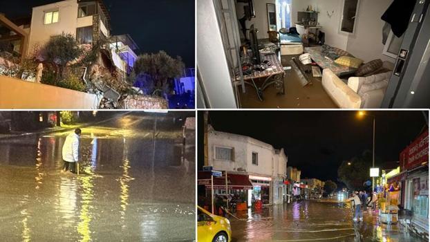 Bodrum'da sağanak; evin istinat duvarı çöktü, yollar göle döndü