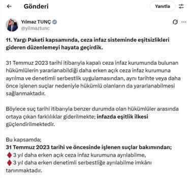 Bakan Tunç: 11'inci Yargı Paketi'nden yararlanacak hükümlülerin işlemleri başlatıldı