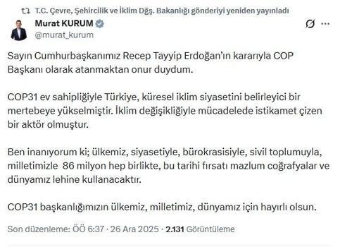 Bakan Kurum: COP Başkanı olarak atanmaktan onur duydum