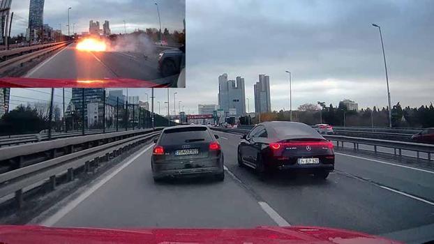 Şişli’de makas atan sürücü bariyerlere çarptı; alev alan aracın motoru yola fırladı