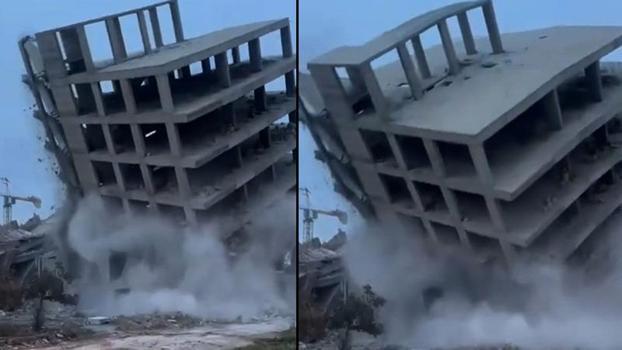 Gaziantep’te ağır hasarlı 8 katlı bina yıkıldı; o anlar kamerada
