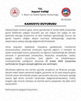 Kayseri'de okullar 1 gün tatil edildi