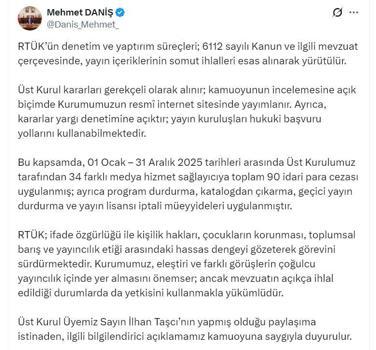 RTÜK Başkanı Daniş: 2025'te 90 idari para cezası uygulandı