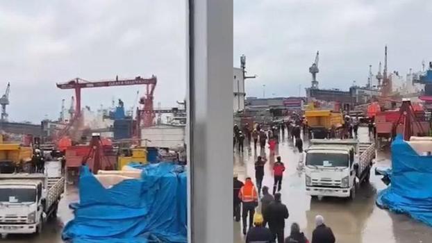 Tuzla'da tersaneler bölgesinde vinç devrildi