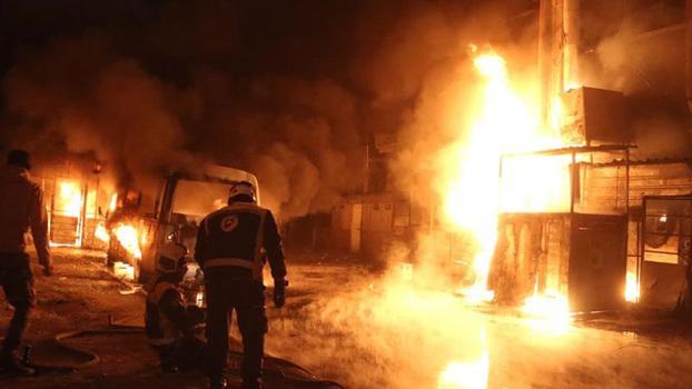 Halep’te SDG’nin attığı roketlerin düştüğü bölgede yangın çıktı