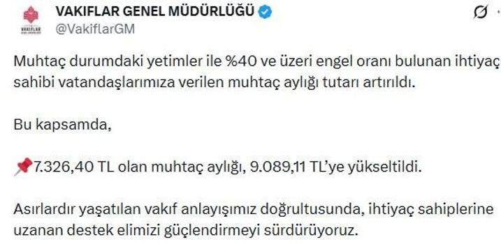 Vakıflar Genel Müdürlüğü'nün muhtaç aylıkları yükseltildi