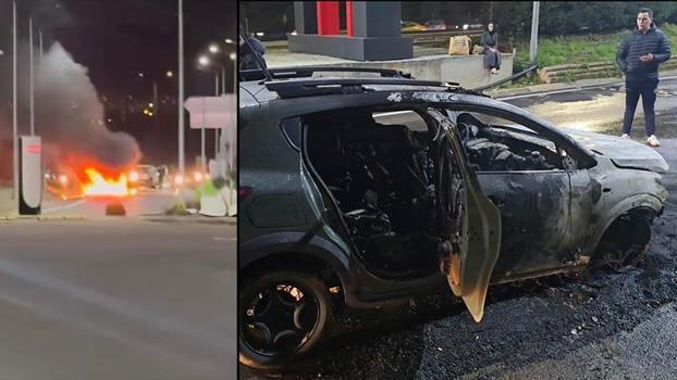 Sancaktepe TEM Otoyolu'nda arıza yapan otomobil alev alev yandı