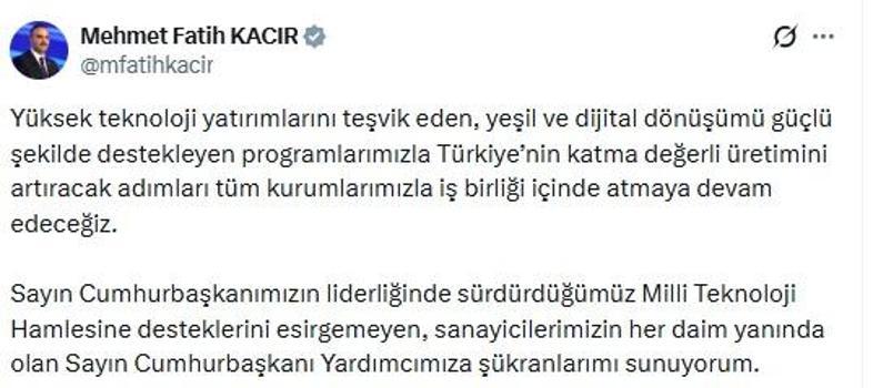 Bakan Kacır'dan, 'Milli Teknoloji Hamlesi' paylaşımı