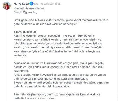 Yalova’da eğitime 1 gün ara verildi