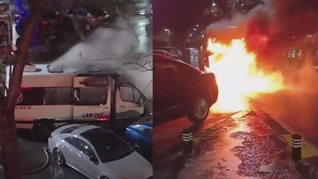 Beylikdüzü'nde seyir halindeki servis minibüsü alev alev yandı