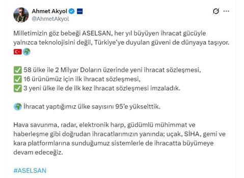 ASELSAN Genel Müdürü Akyol: İhracat yaptığımız ülke sayısını 95'e yükselttik