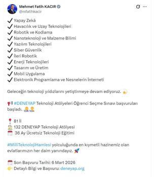 Bakan Kacır: DENEYAP Atölyeleri öğrenci seçme sınavı başvuruları başladı