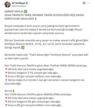 Bakan Yerlikaya: Hatay'da trafikte yarışan 4 sürücü yakalandı