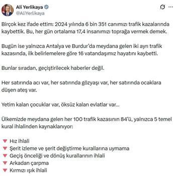 Bakan Yerlikaya: 100 trafik kazasının 84'ü, 5 temel kural ihlalinden kaynaklanıyor