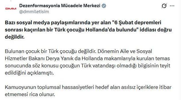 DMM'den '6 Şubat sonrası kaçırılan Türk çocuğu Hollanda'da bulundu' iddiasına ilişkin açıklama