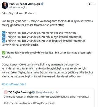 Bakan Memişoğlu'ndan, '4 Şubat Dünya Kanser Günü' paylaşımı